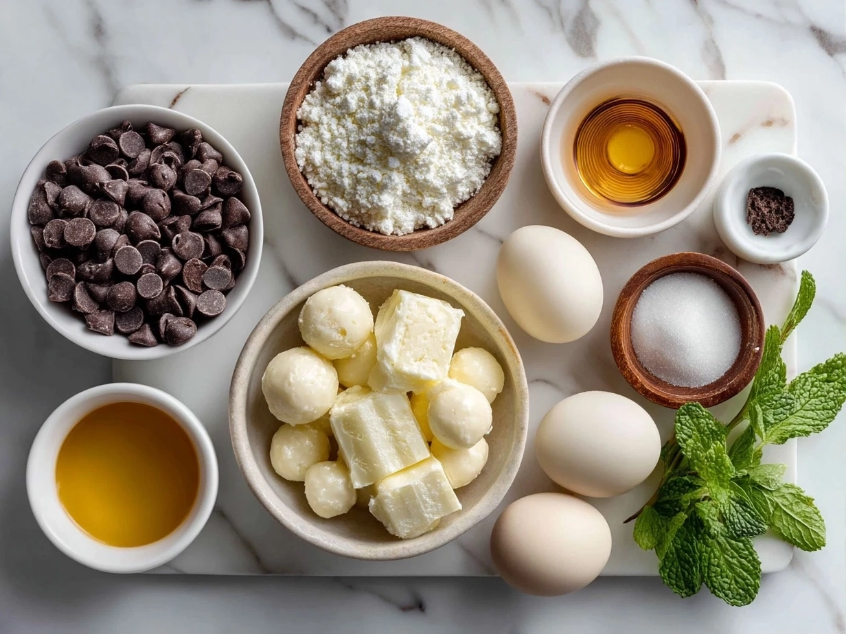 Top-down view of raw ingredients for Mint Oreo Balls including crushed Oreos, cream cheese, chocolate chips, and mint extract