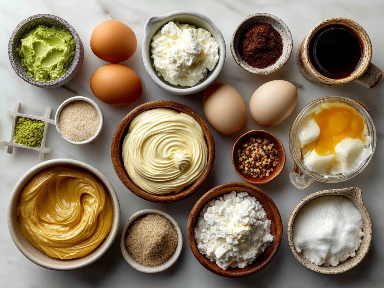 Top-down view of raw ingredients for Nacho Cheese Sauce on marble counter with organized mise en place