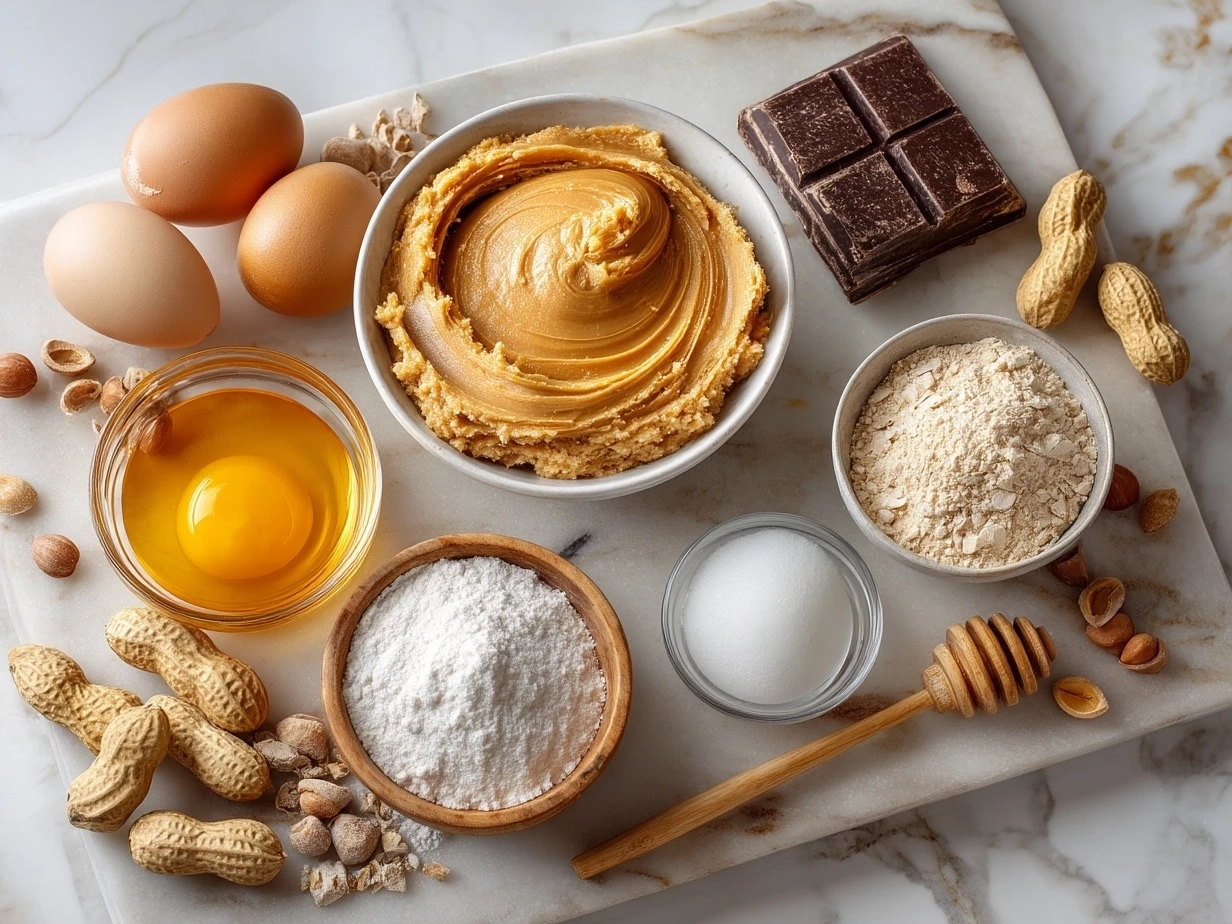 Top down view of raw ingredients for peanut butter cookies on marble surface