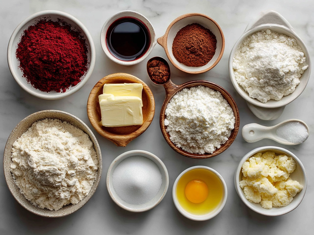 Ingredients for Red Velvet Bear Cookies arranged on marble kitchen counter