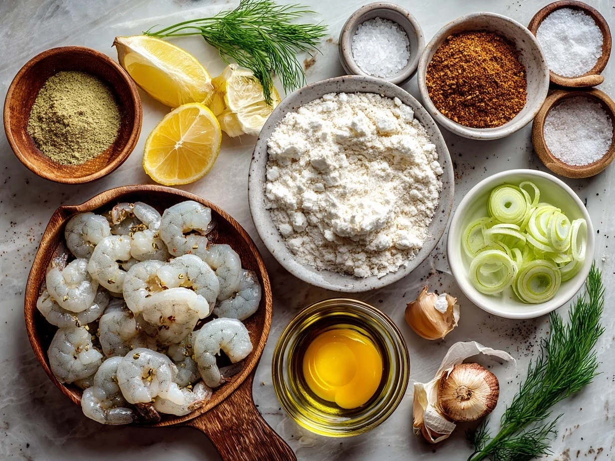 Top down view of raw ingredients for shrimp casserole including shrimp, cheese, soup, rice, and vegetables