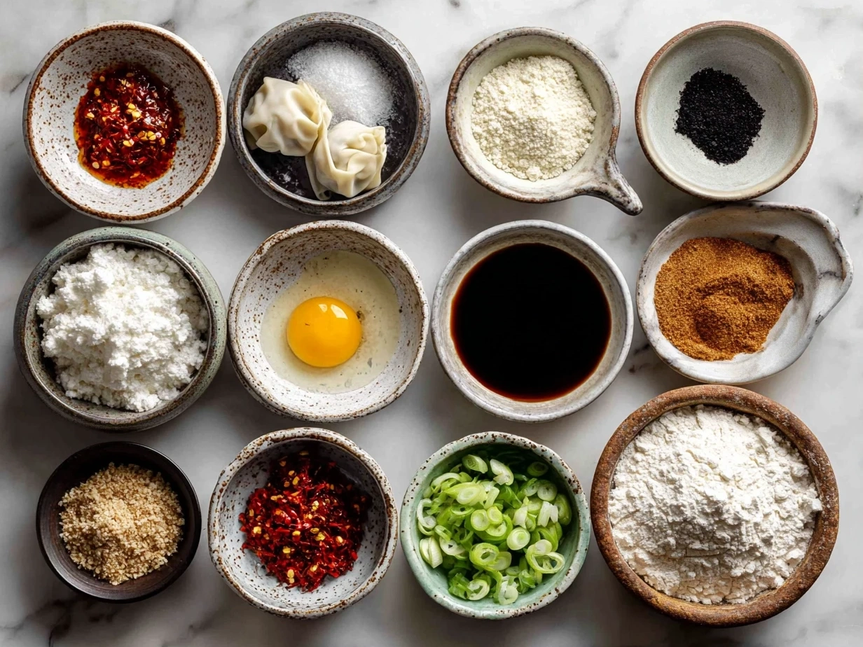 Top down view of raw ingredients for spicy wontons in chilli sauce including ground pork, wonton wrappers, chili oil and spices