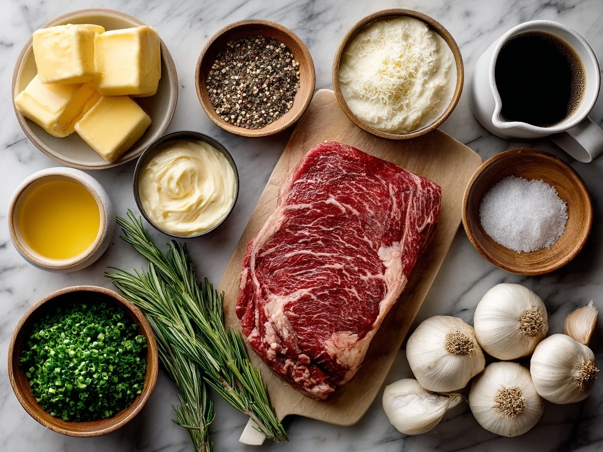 Top down raw ingredients for steak with garlic cream sauce on white marble