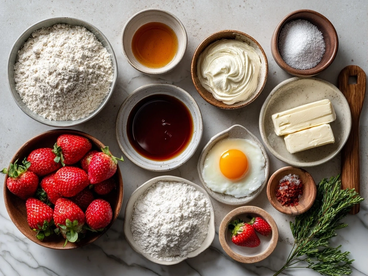 Top down view of raw ingredients for Strawberry Cream Cake Roll on marble surface