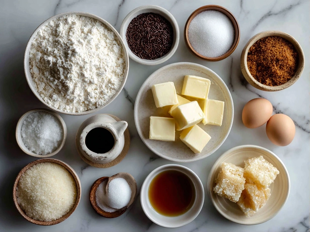Ingredients for Sugar Cookie Cheesecake laid out on marble background
