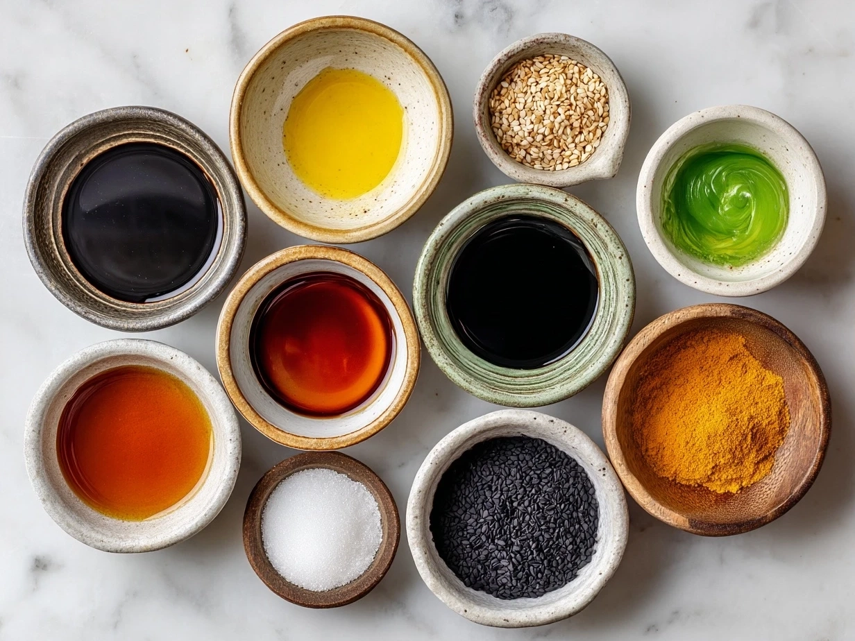 Top-down view of raw ingredients for Teriyaki Sauce on white marble surface