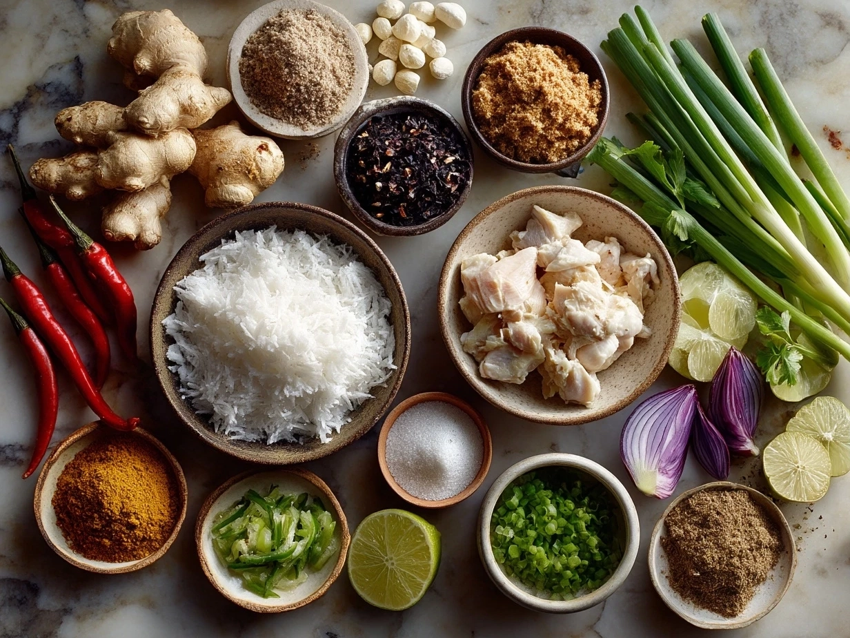 Top down view of raw ingredients for Thai Chicken Coconut Curry on marble surface