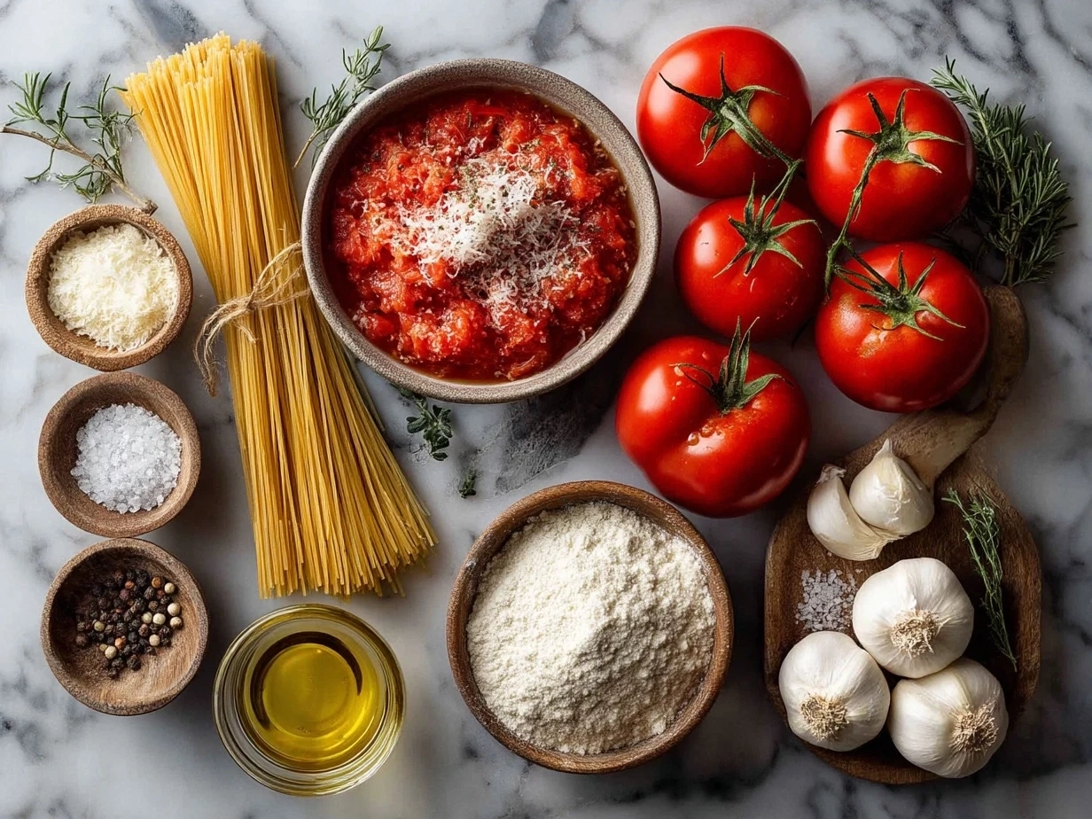 Ingredients for Tomato Garlic Pasta arranged on marble countertop
