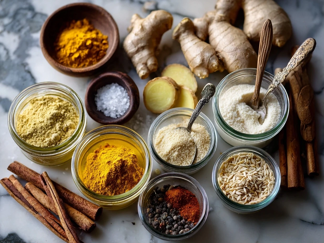 Top down view of raw ingredients for Turmeric Ginger Chicken Noodle Soup including turmeric, ginger, chicken, noodles, and vegetables