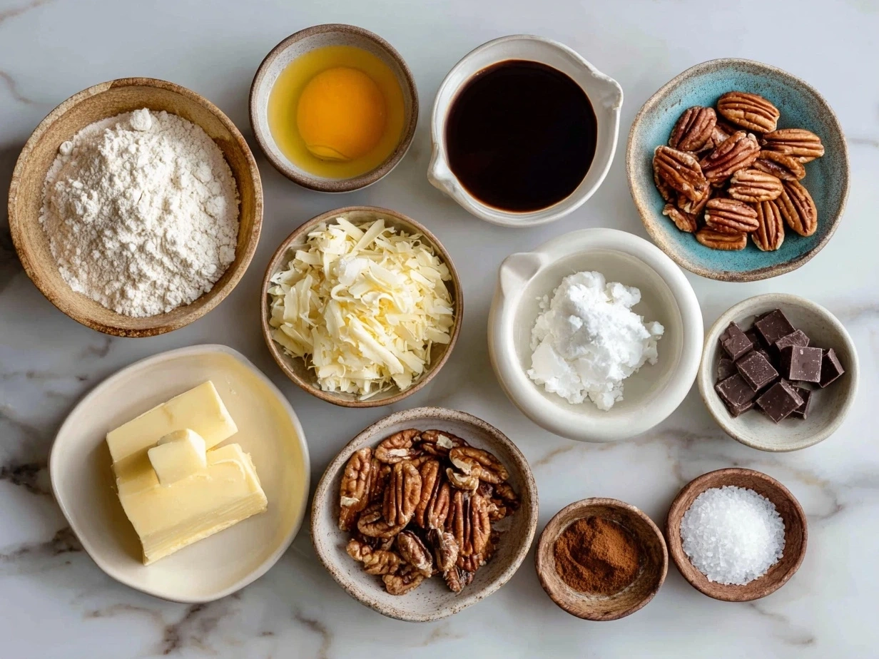 Top down raw ingredients for vanilla pecan pralines