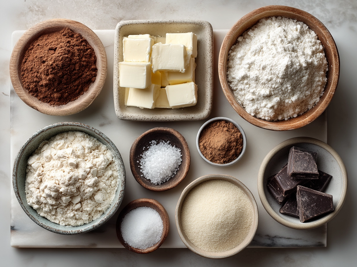 Top down view of raw ingredients for vegan brownies on a marble kitchen counter