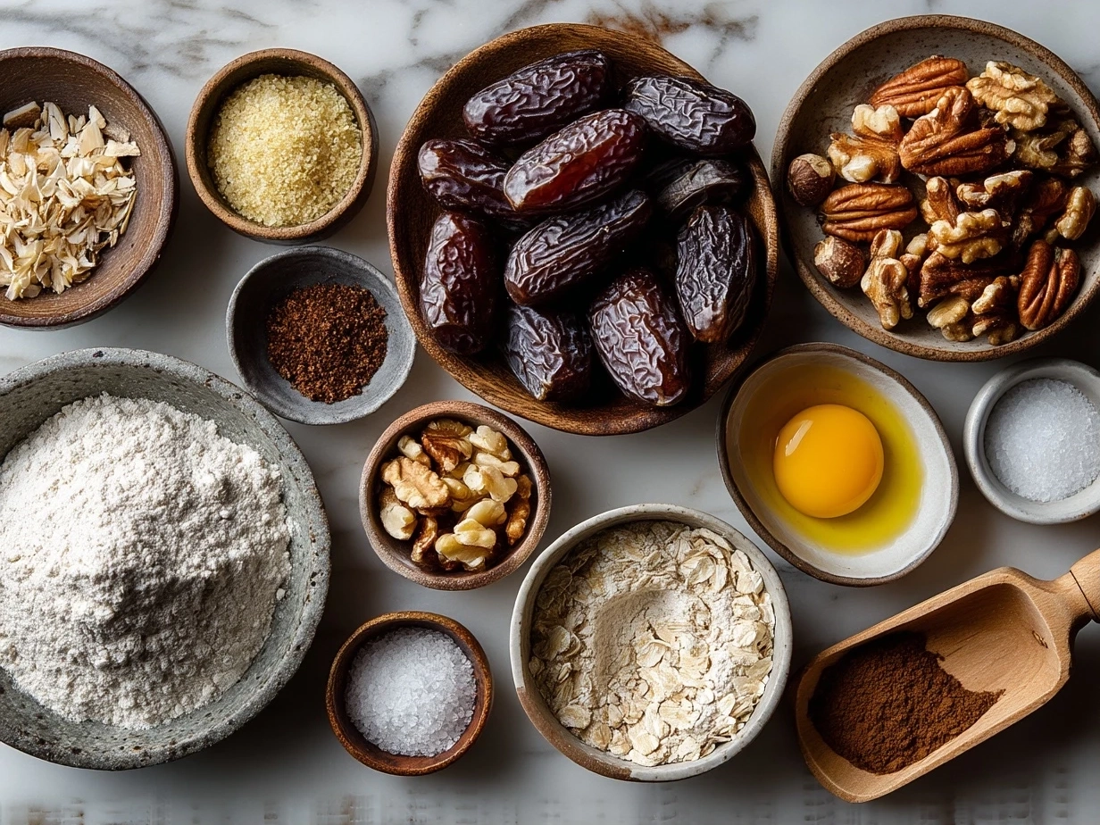 Top down raw ingredients for Vegan No-Bake Brownies with Dates Nuts on marble surface, including dates, walnuts, almonds, cocoa powder, chia seeds, and vanilla extract.