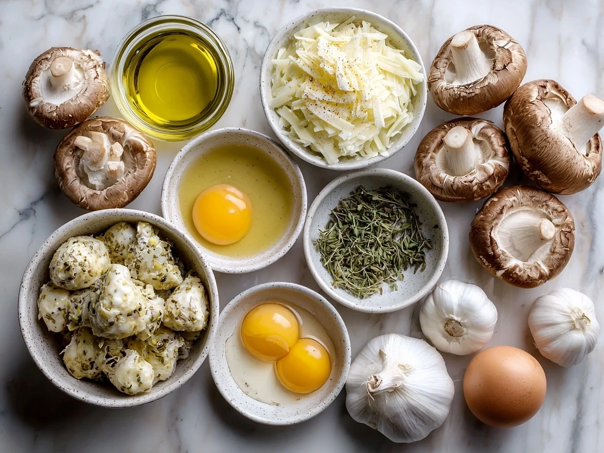 Top down view of raw ingredients for White Wine Mushroom Stuffed Shells including pasta shells, mushrooms, cheeses, spinach, garlic, olive oil, white wine, and cream.