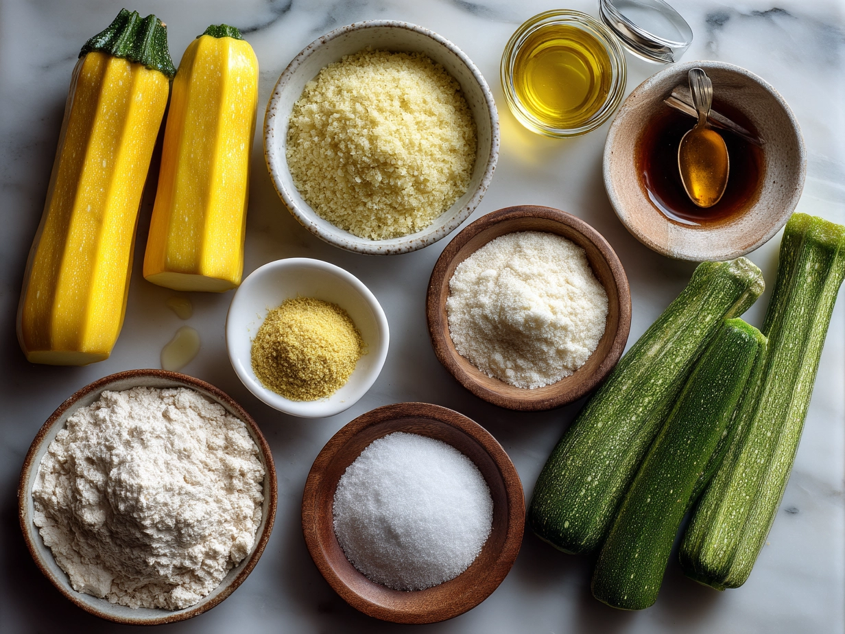Top-down raw ingredients for Yellow Squash Parmesan on marble countertop
