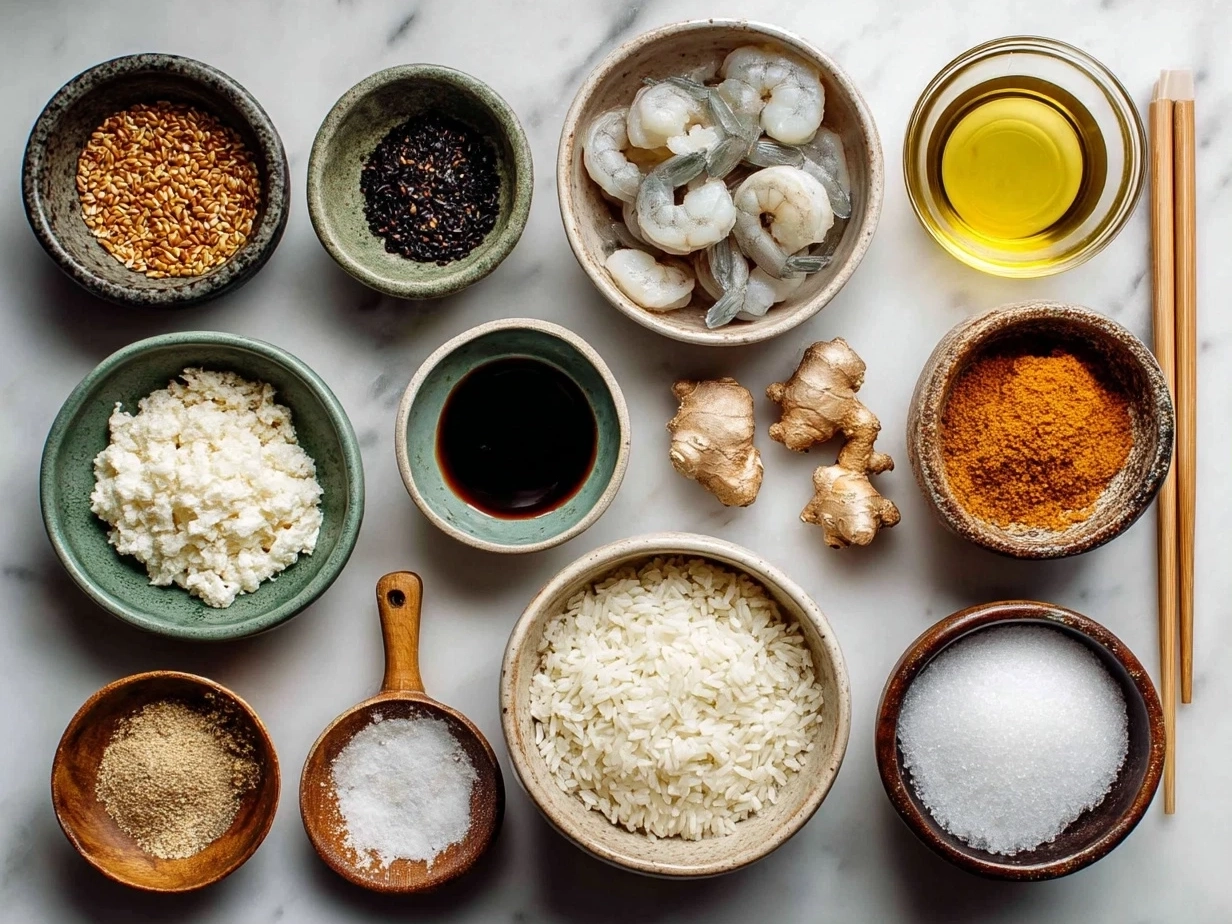 Top down view of ingredients for shrimp fried rice on a wooden table