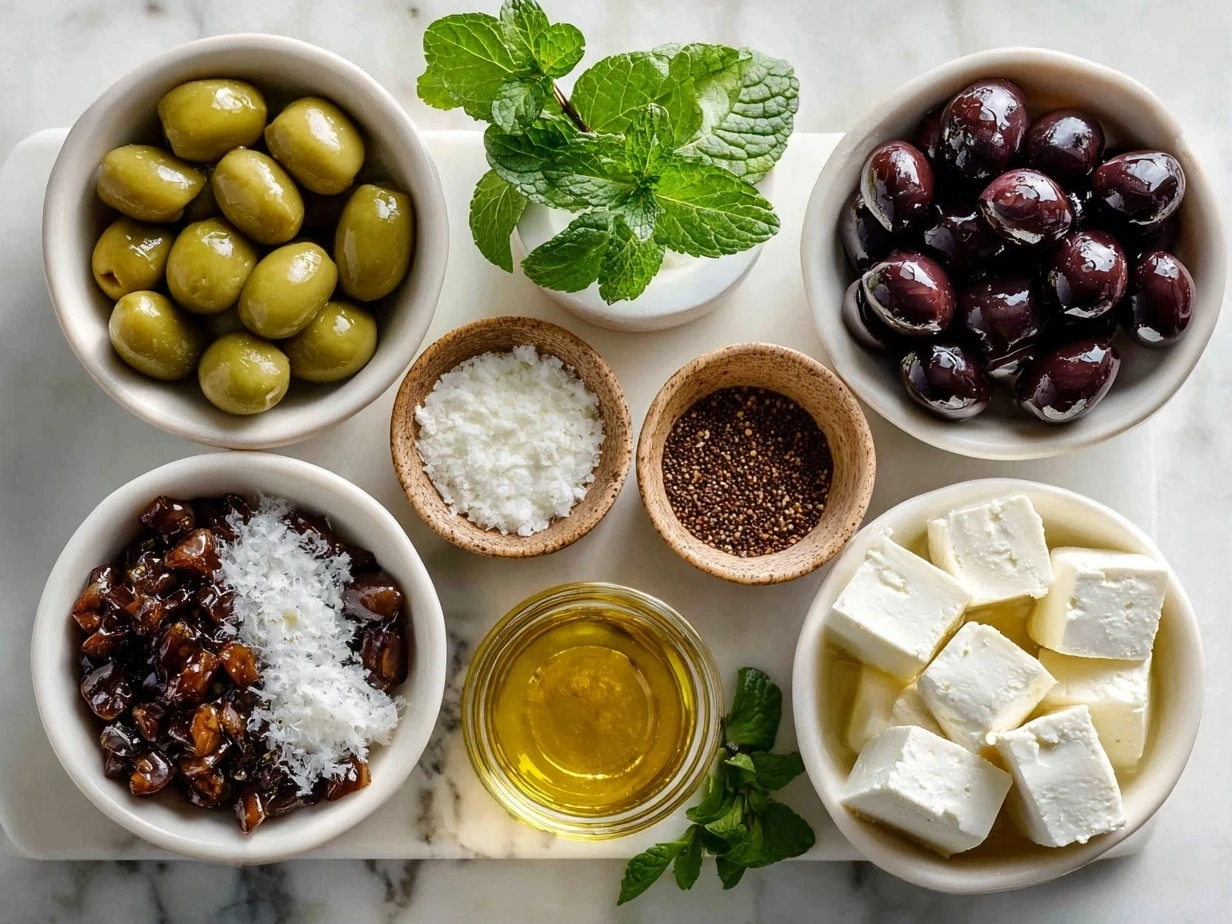 Top-down view of raw ingredients for marinated olives and feta cheese