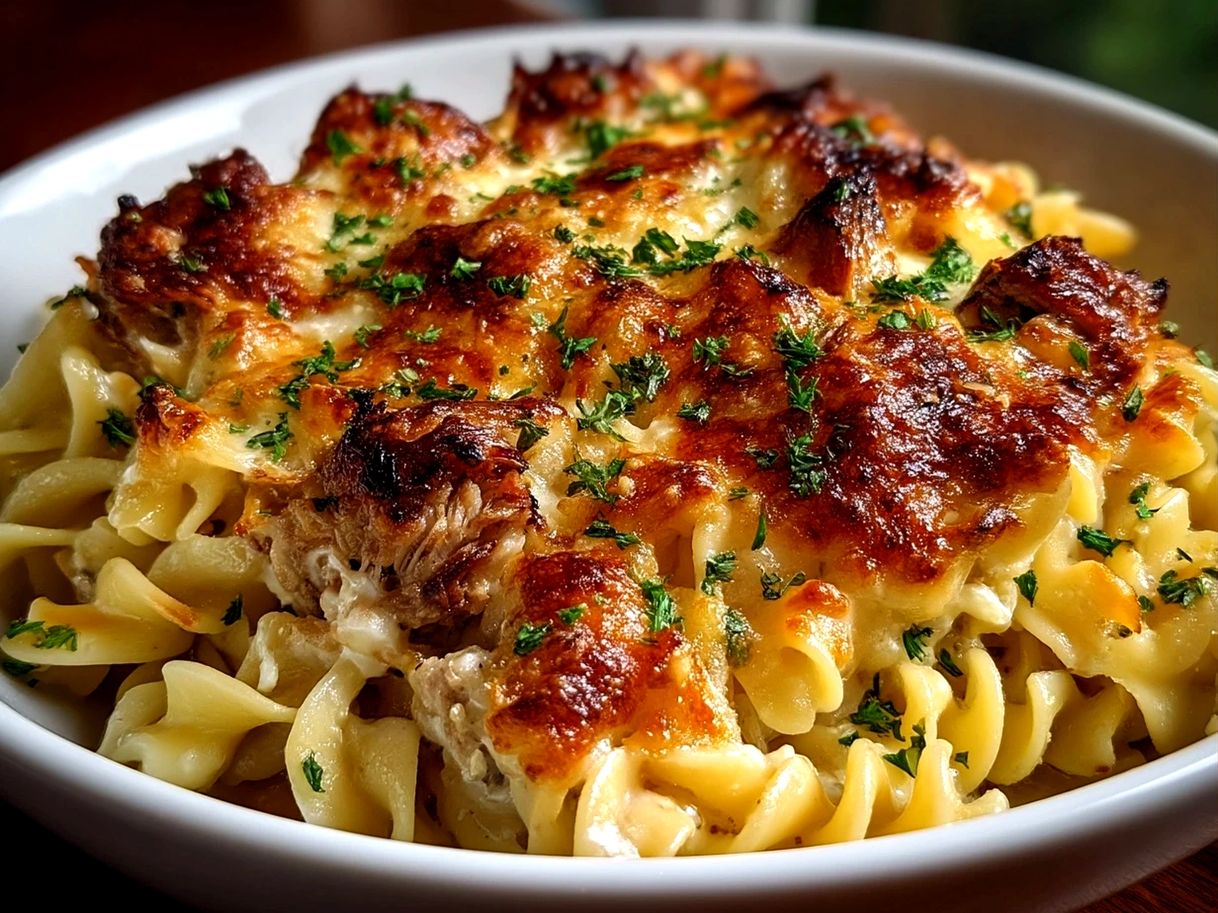 Serving of freshly baked Tuna Noodle Casserole