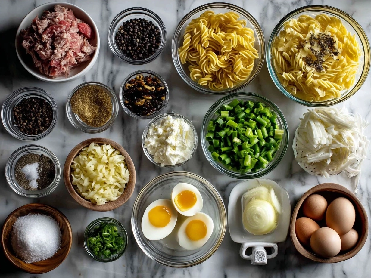 Ingredients for Tuna Noodle Casserole including noodles, tuna cans, cream of mushroom soup, peas, cheese, milk, onion, and crackers