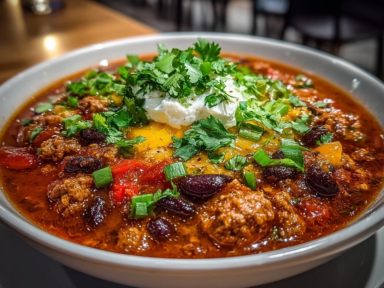 A bowl of Turkey Burger Chili served with toppings on a wooden table