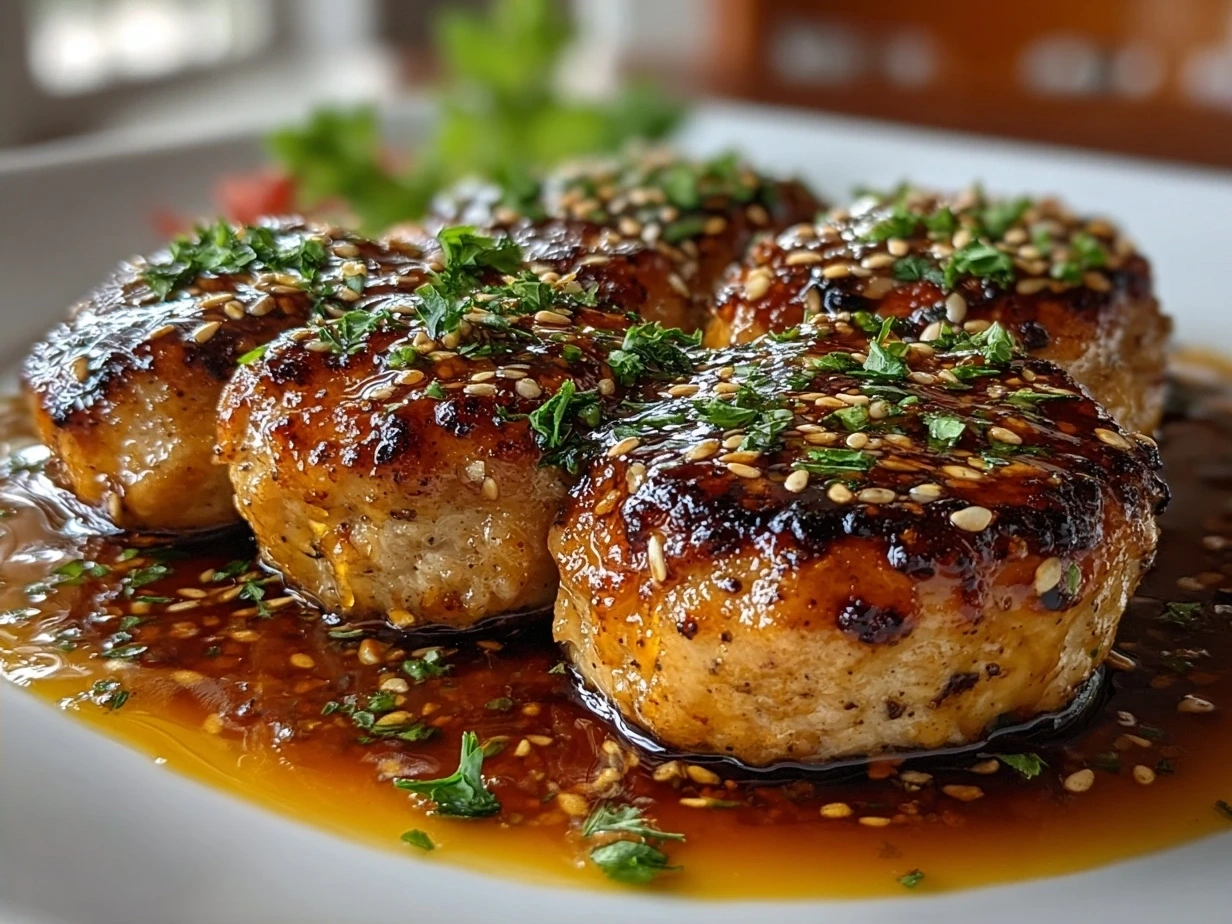 Final plated Turkey Medallions with Orange Teriyaki Sauce, garnished with sesame seeds and green onions