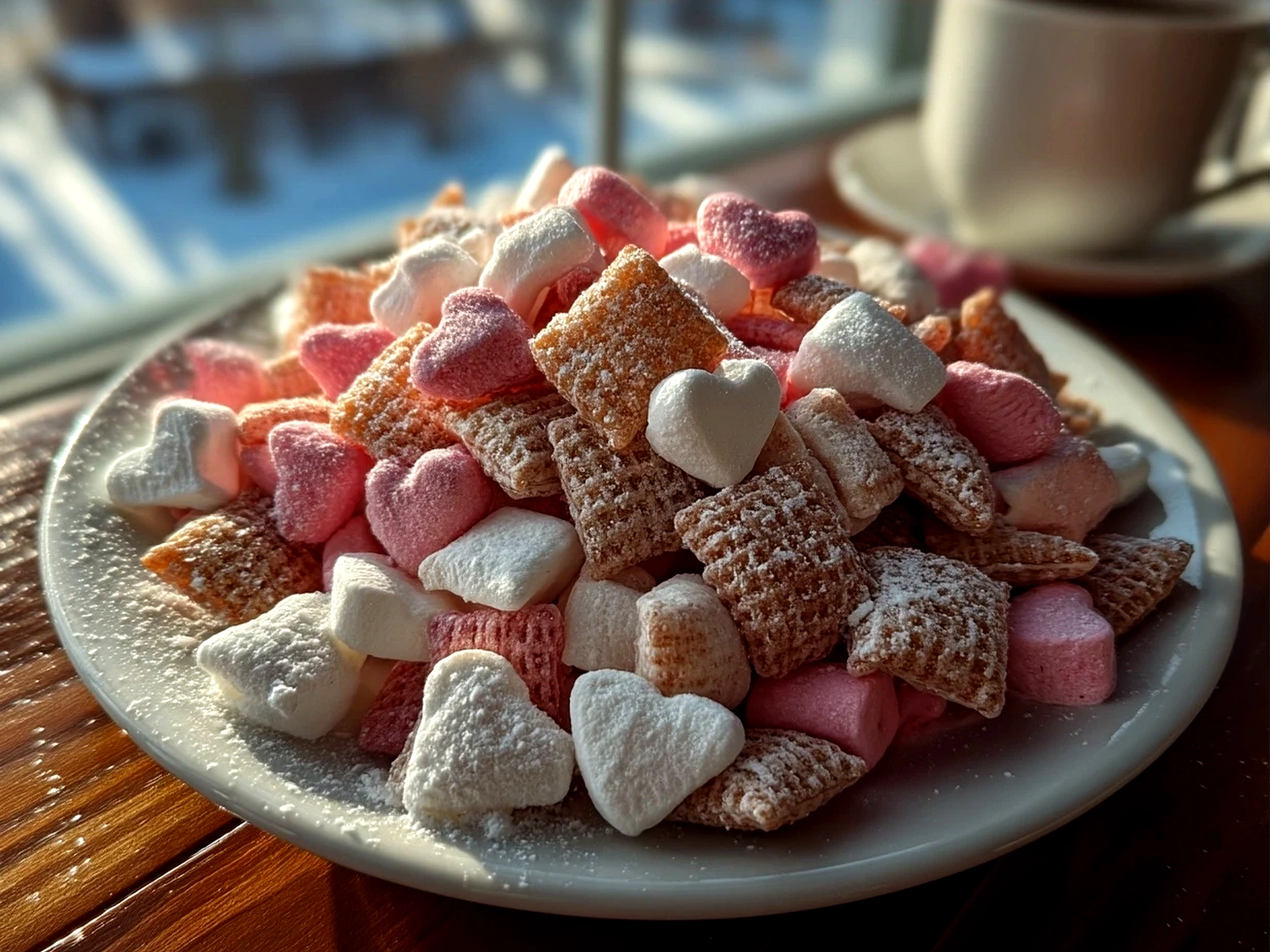 A bowl of Valentines Day Muddy Buddies with Valentine-themed sprinkles