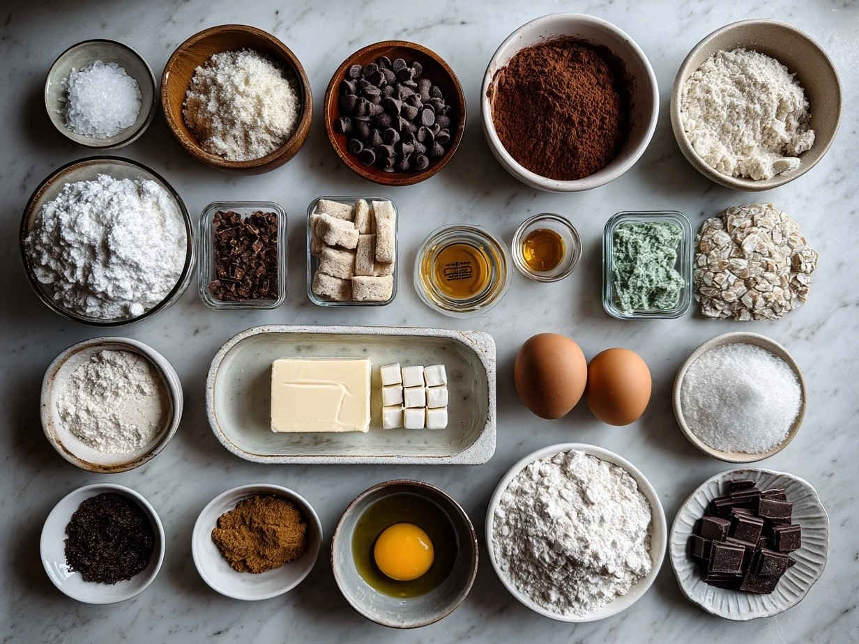 Ingredients for Valentines Day Muddy Buddies including Rice Chex, chocolate chips, peanut butter, butter, vanilla extract, powdered sugar, and Valentine-themed sprinkles