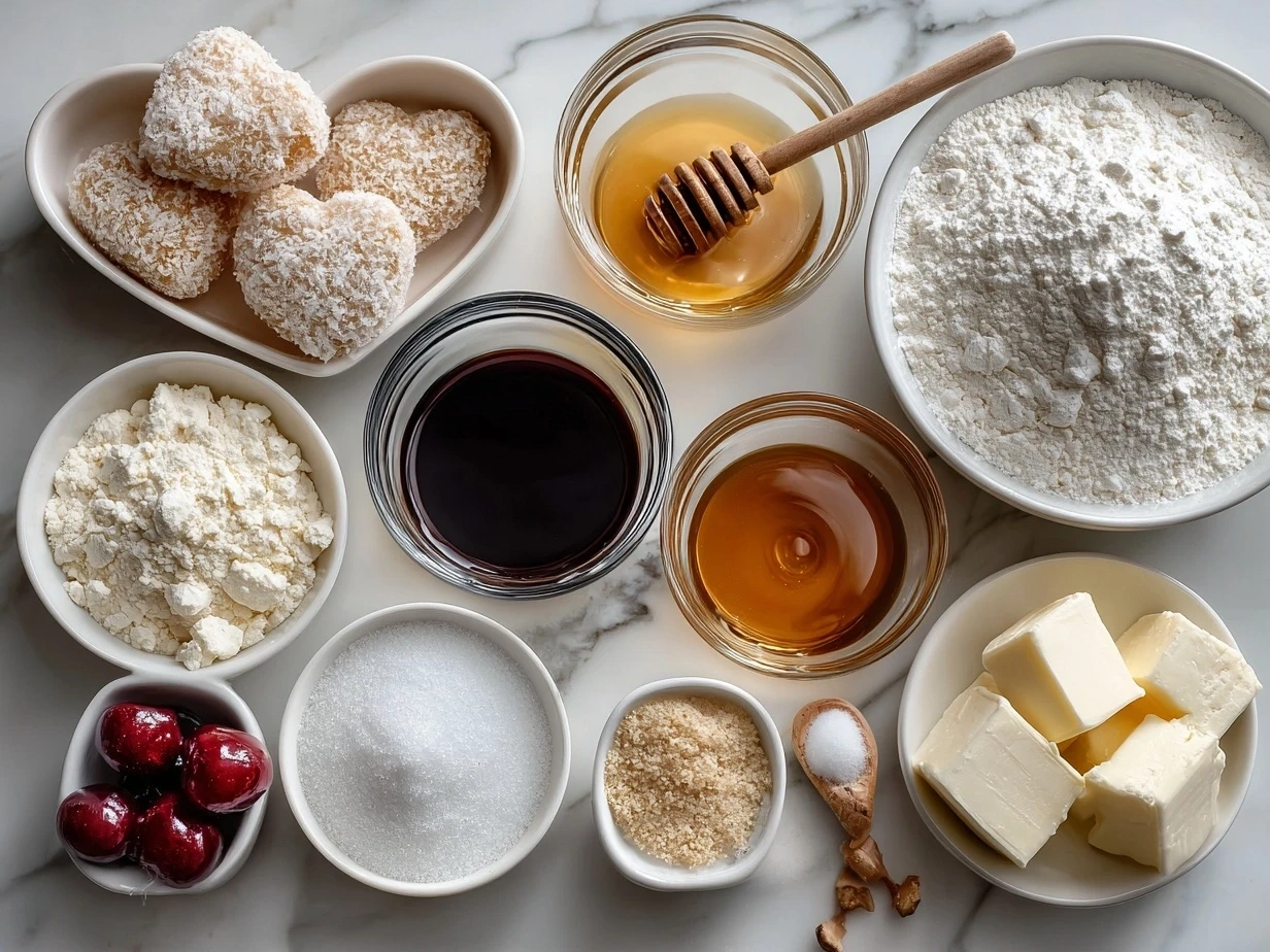 Ingredients for Valentines Mini Heart Cakes Recipe: Cake mix, water, vegetable oil, eggs, vanilla extract, frosting, and sprinkles.