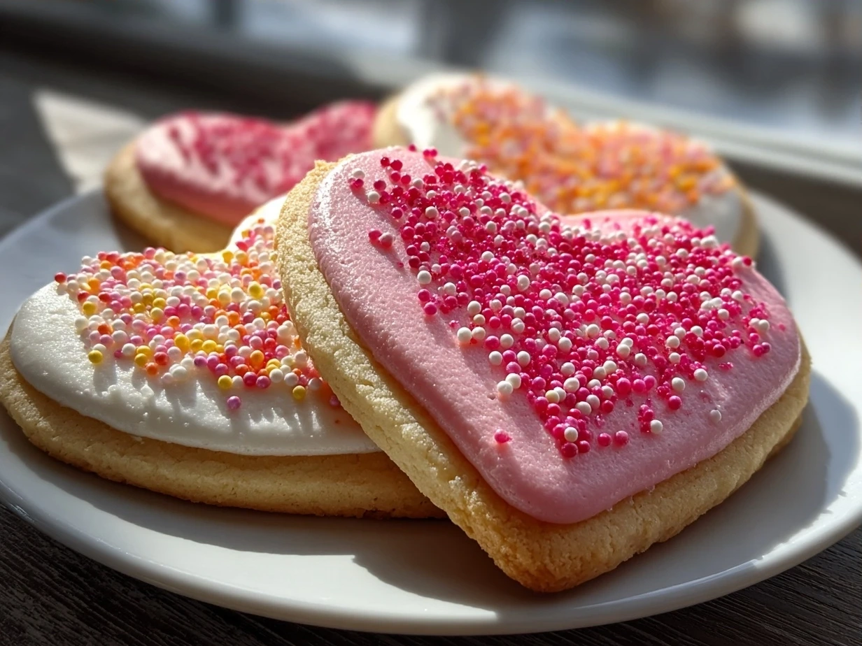 Finished Valentine Sugar Cookies decorated with pink and white icing and sprinkles