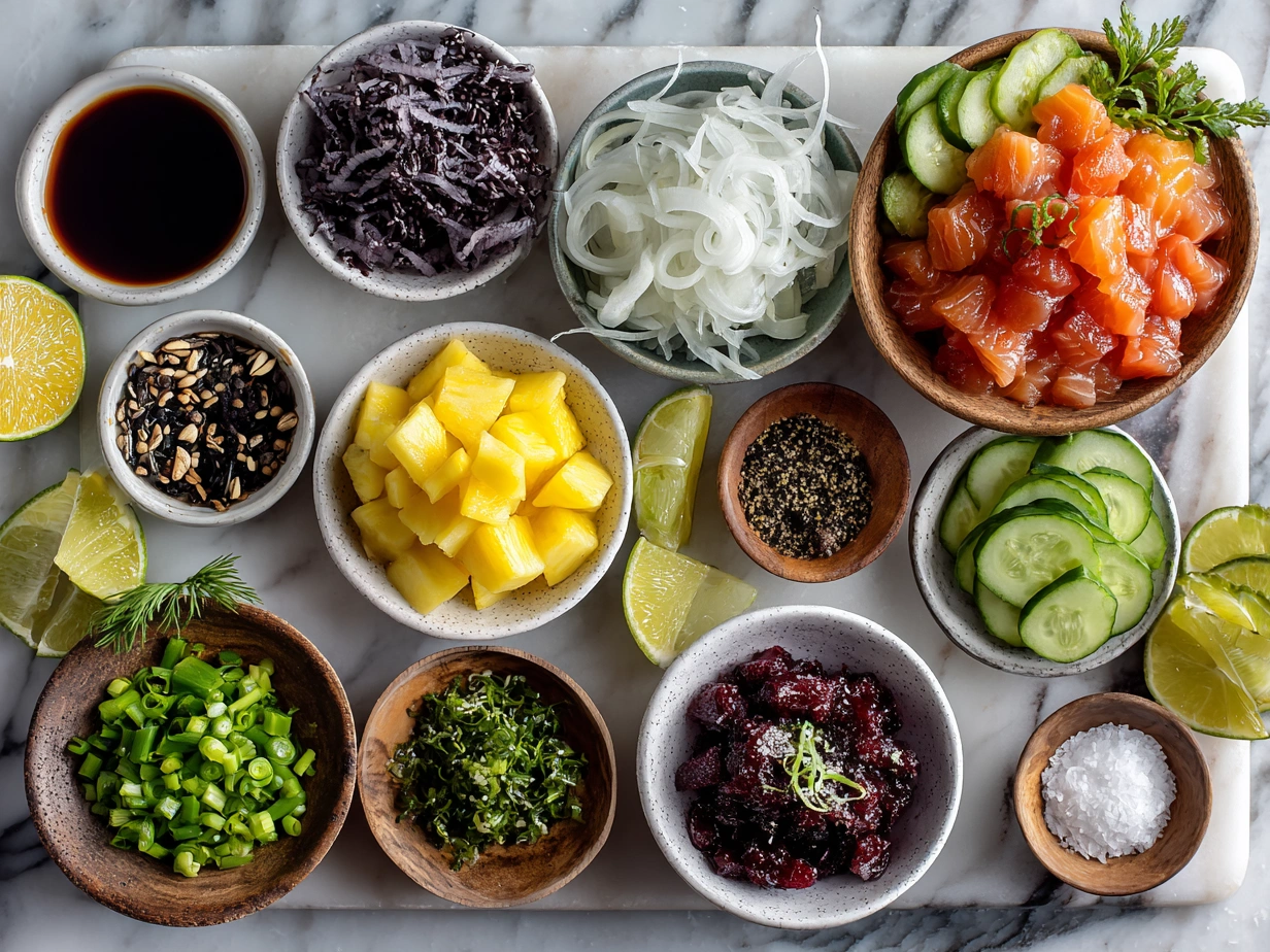Ingredients for Vegan Poke Bowl including tofu, cucumber, avocado, carrot, green onions, and sesame seeds