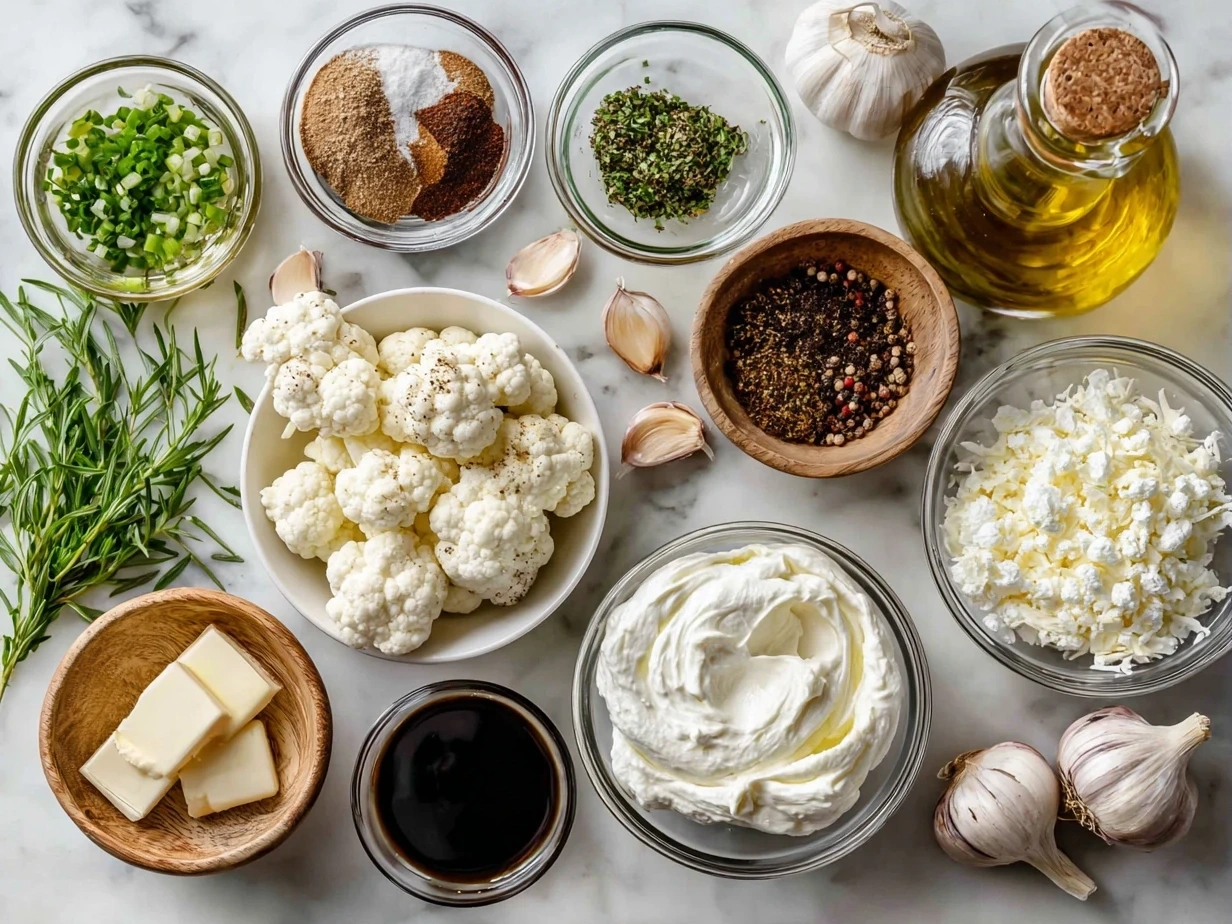 Ingredients for White Garlic Pizza Sauce including butter, garlic, flour, milk, heavy cream, Parmesan cheese, and spices.