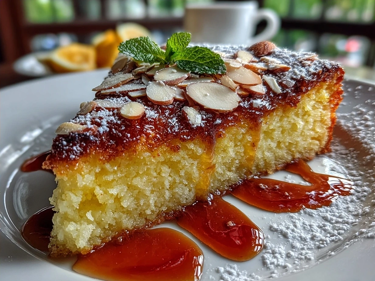 A beautifully sliced White Almond Cake with fresh berries and cream