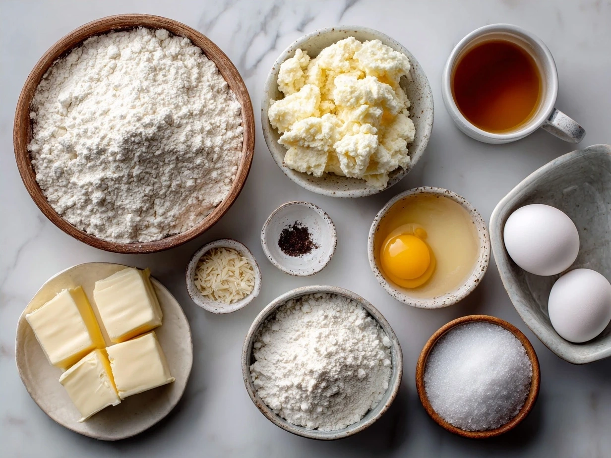 Ingredients for White Almond Cake including almond flour, sugars, butter, eggs, and almond milk
