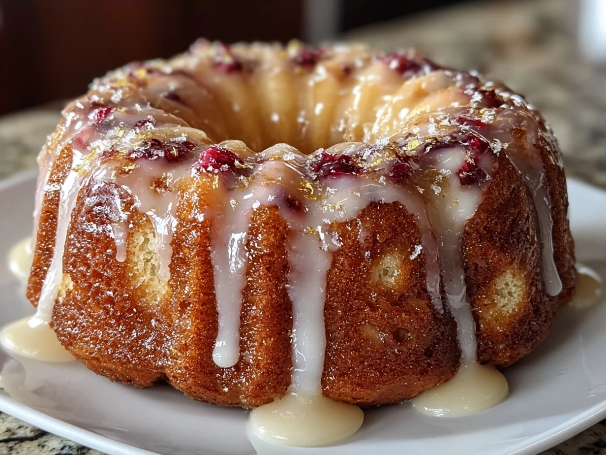Finished white chocolate raspberry bundt cake on a plate with a slice cut out, drizzled with white chocolate glaze.