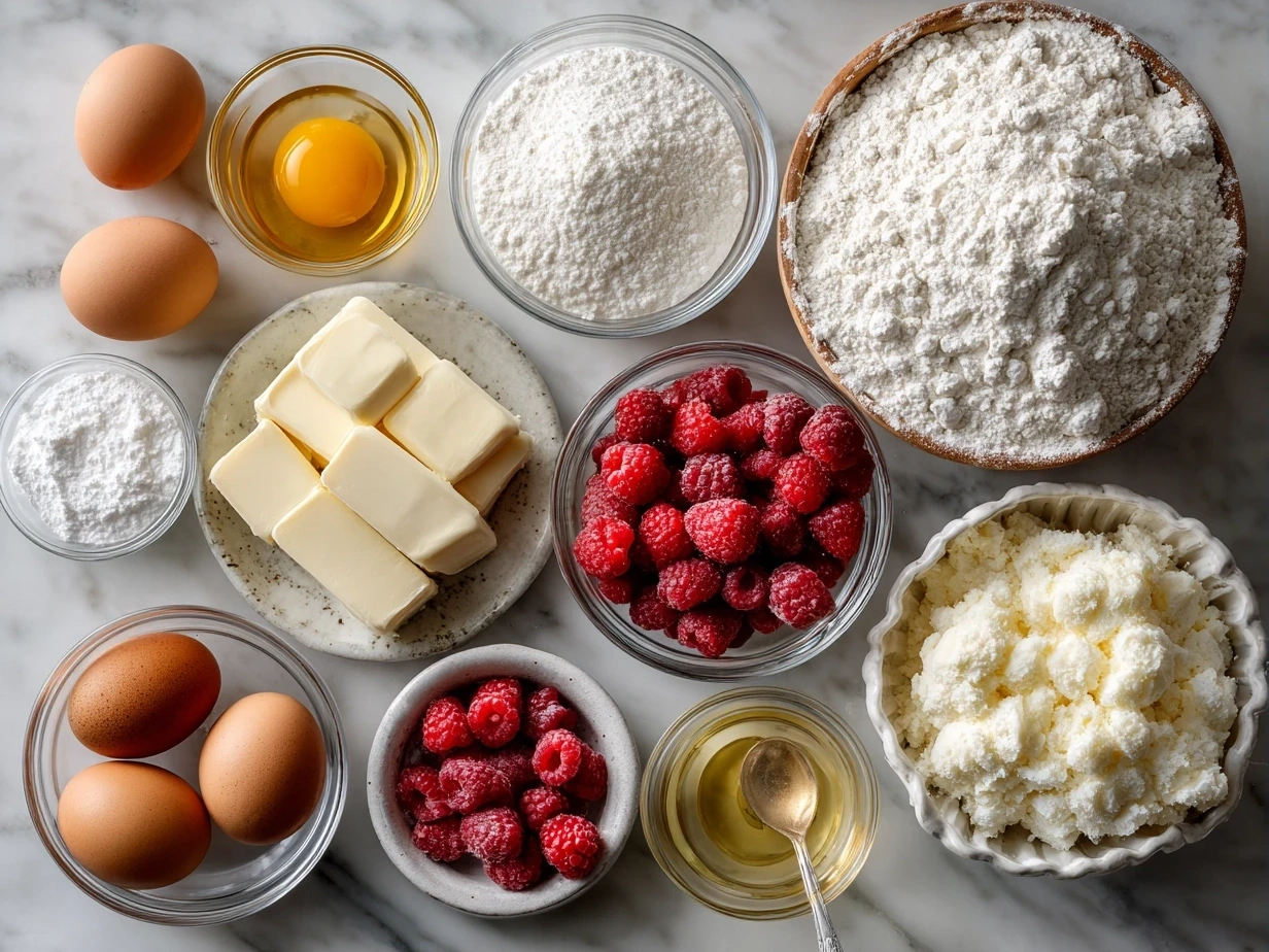 Ingredients for white chocolate raspberry bundt cake including flour, sugar, raspberries, white chocolate chips, and other baking staples.