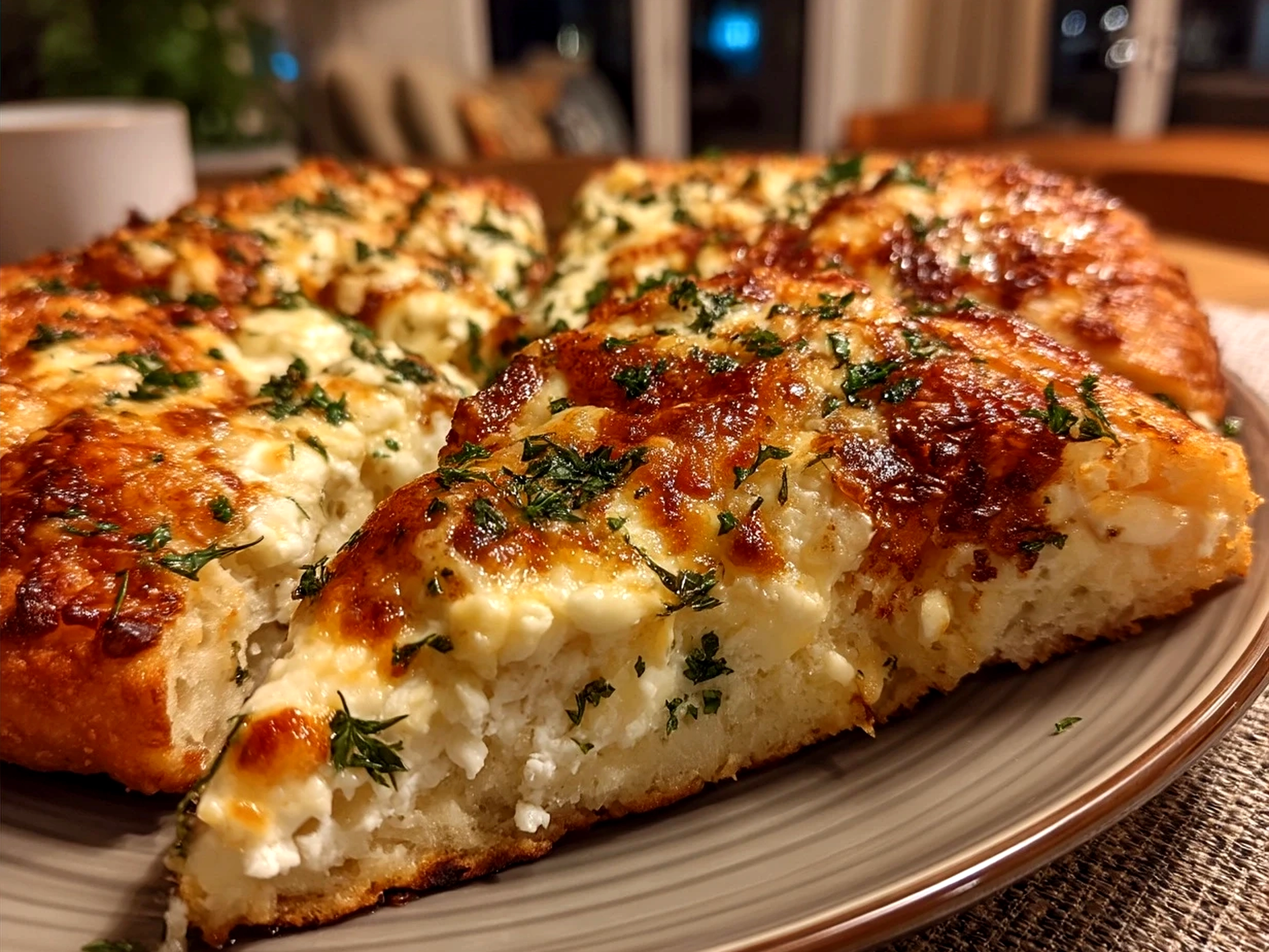 Serving of creamy White Pizza hot and fresh with melted cheeses and herbs.