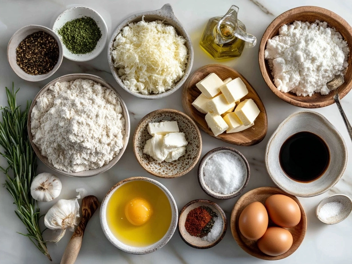 Ingredients for White Pizza including ricotta, mozzarella, Parmesan, dough, and garlic.