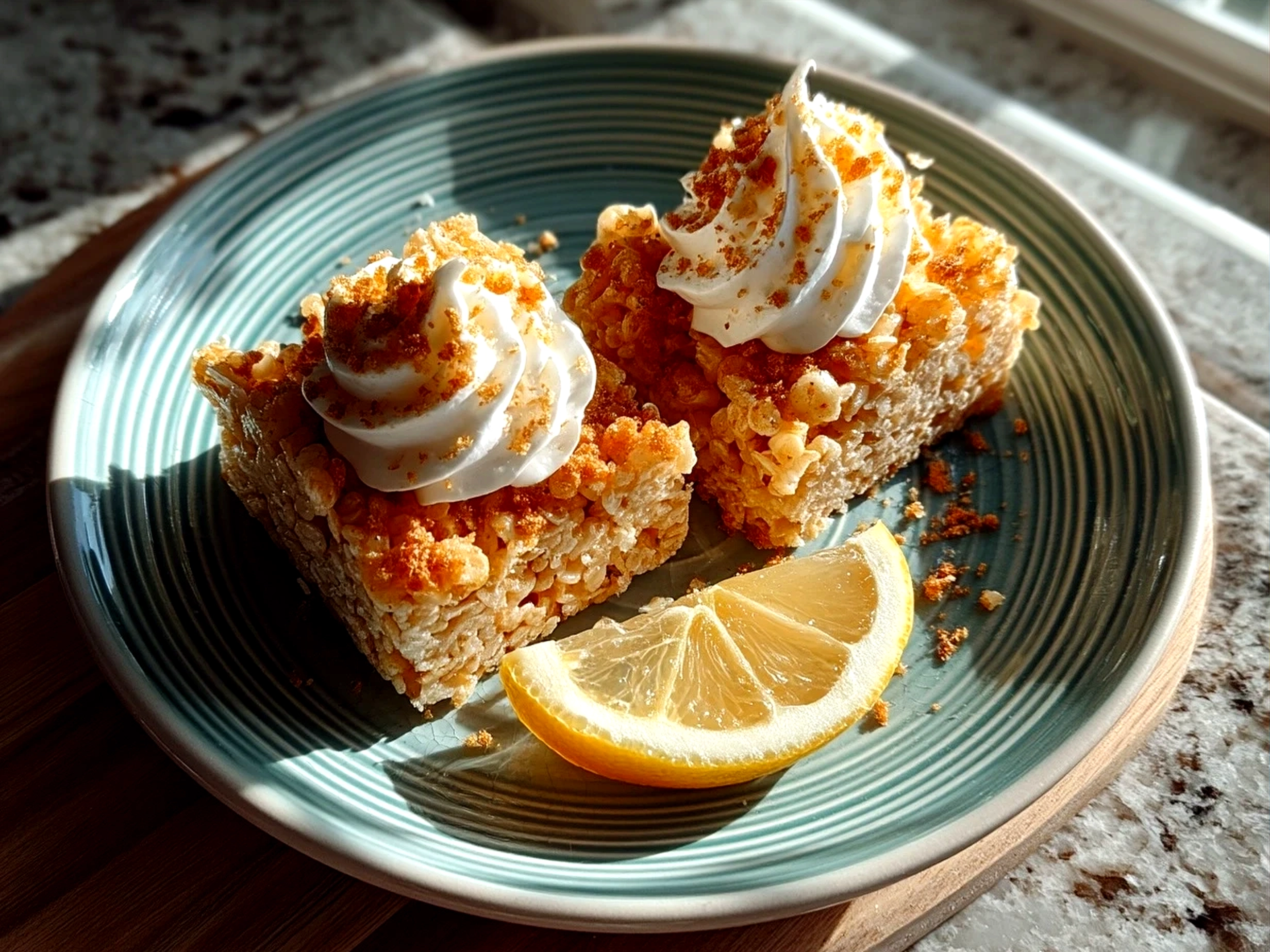 Finished Zesty Lemon Rice Krispie Treats cut into squares on a plate