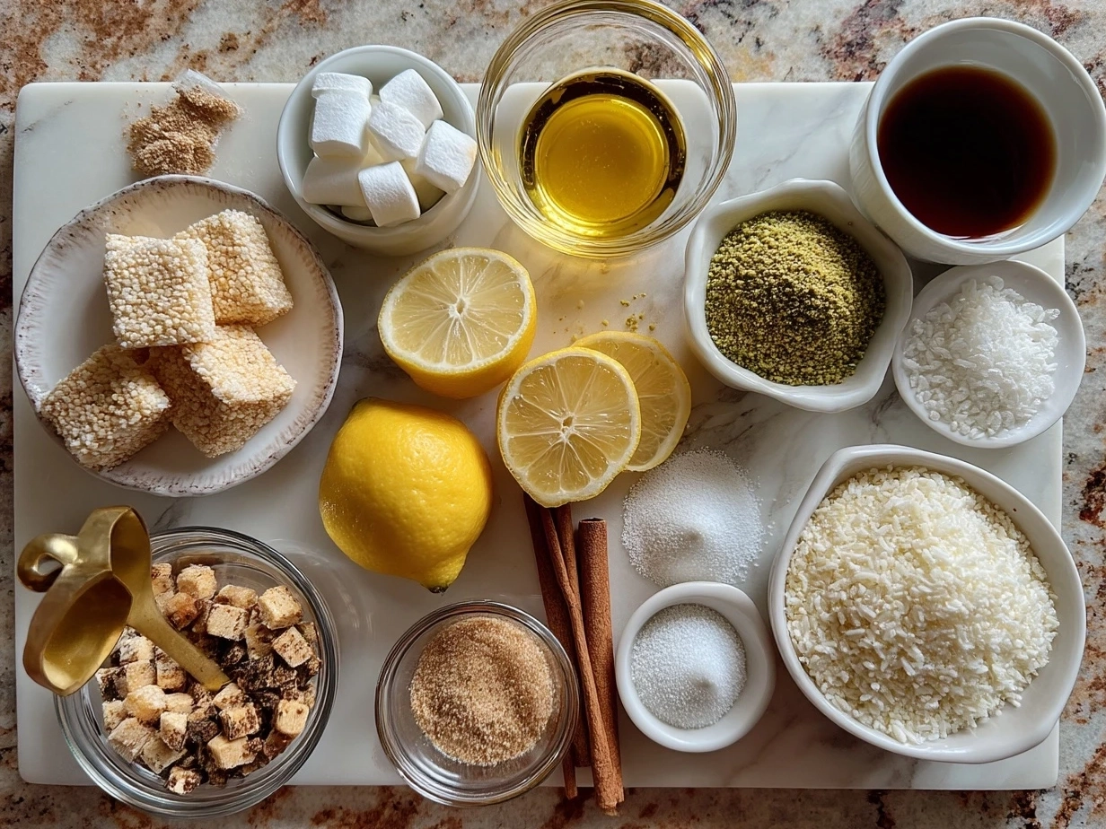 Ingredients for Zesty Lemon Rice Krispie Treats including cereal, marshmallows, lemons, and butter