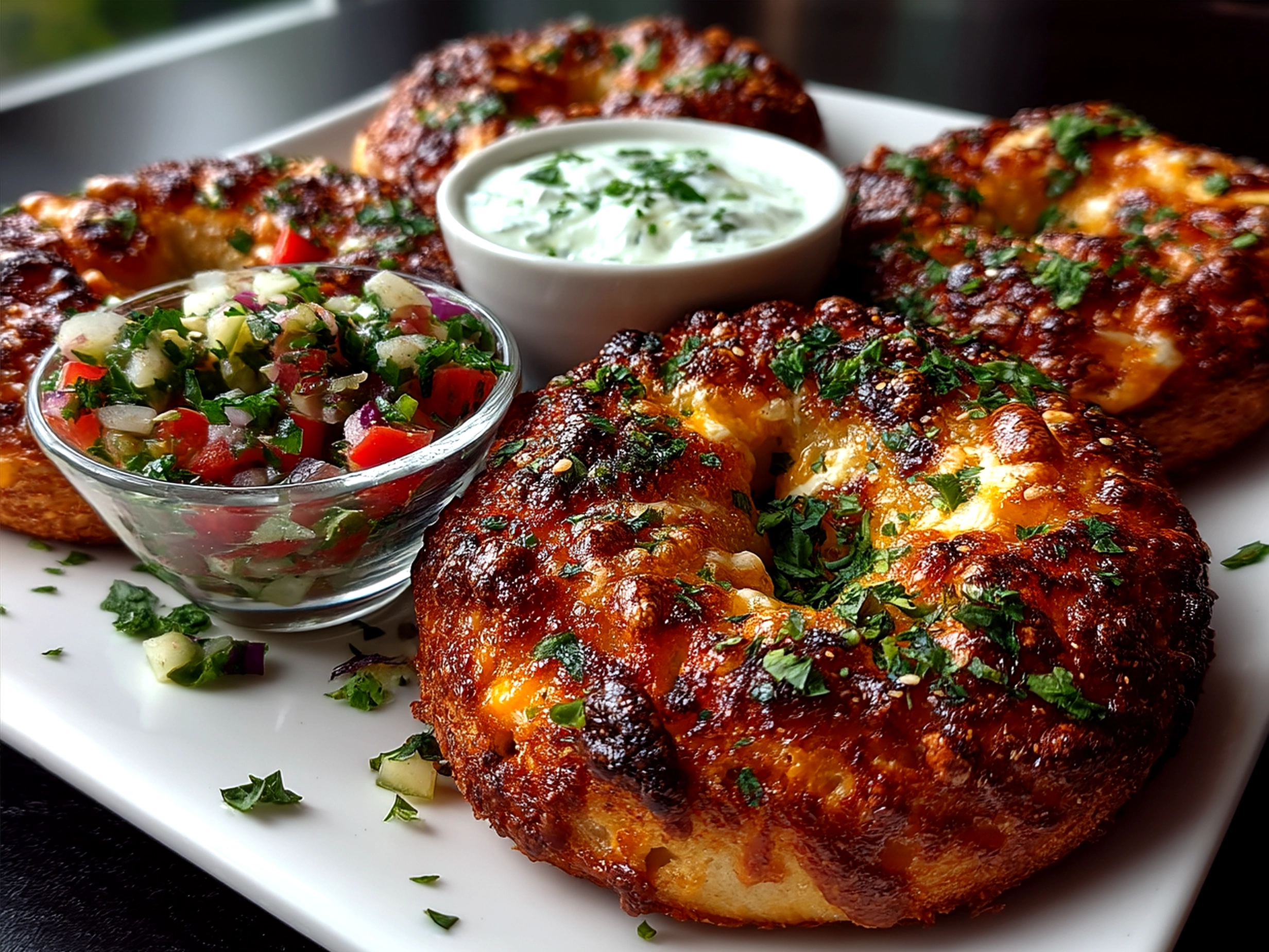 Serving Jalapeño Cheddar Protein Bagels with Greek Yogurt Salsa with fresh veggies