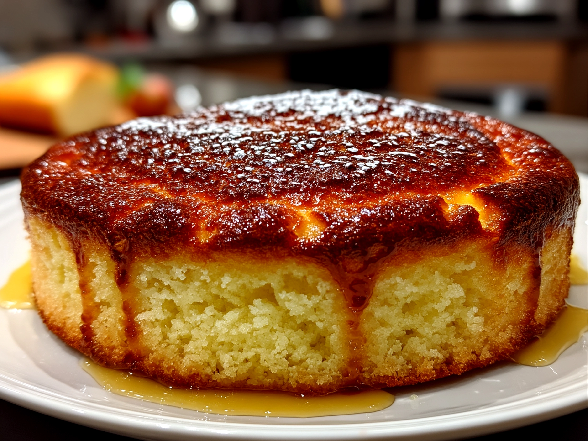 Close-up of a finished beautiful flourless yogurt cake served in a warm kitchen