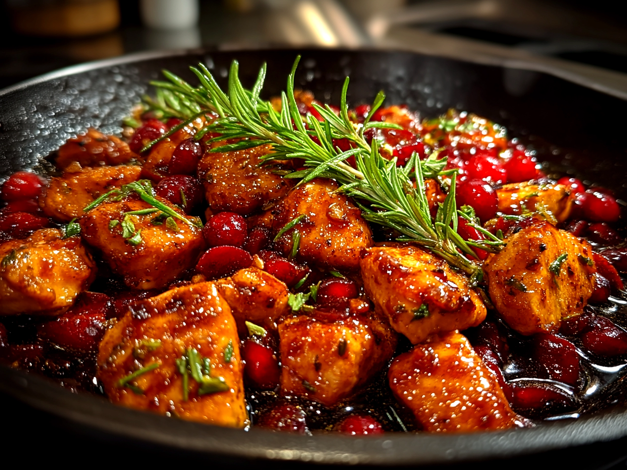 Close up of finished comforting skillet cranberry orange chicken, hearty and comforting.