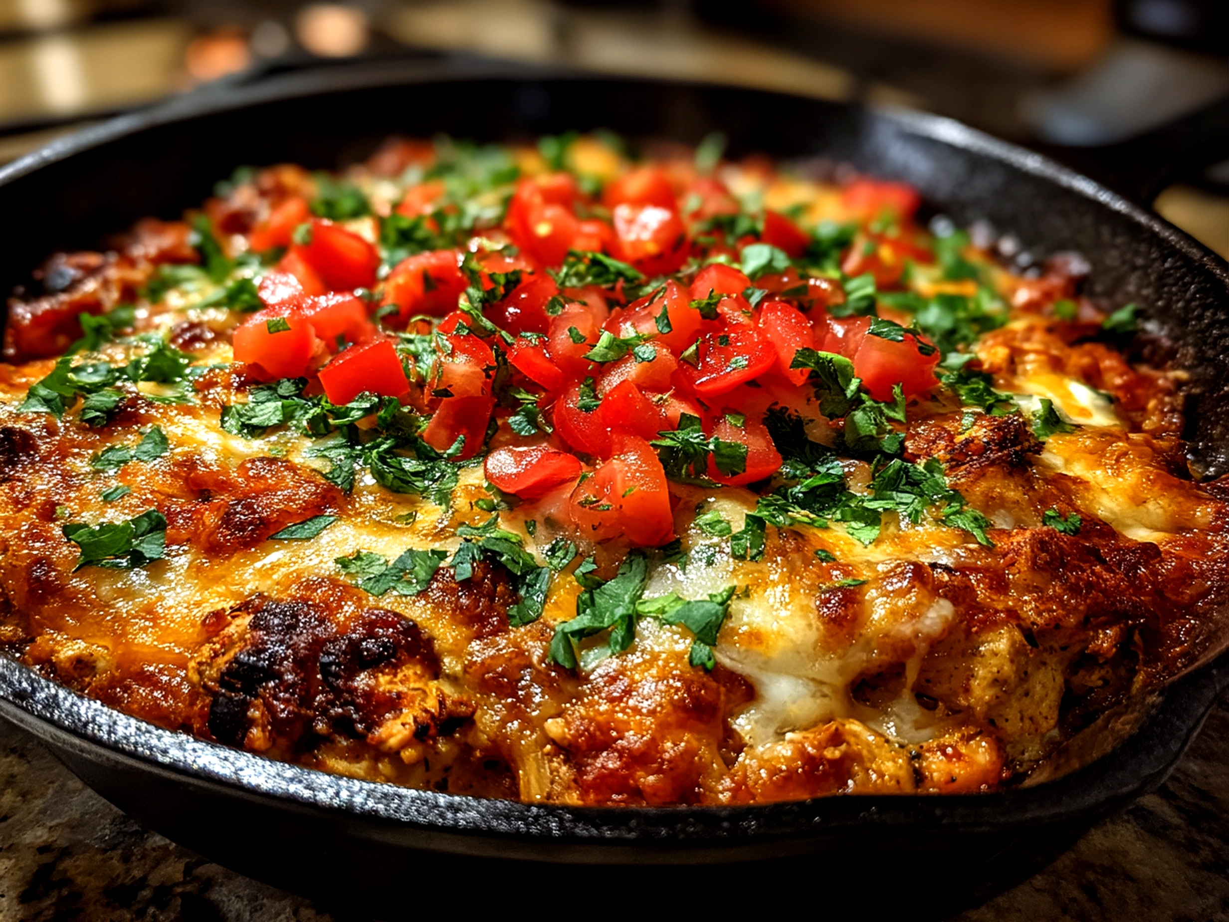 Close-up of finished comforting one pot low carb chicken enchilada skillet served warm