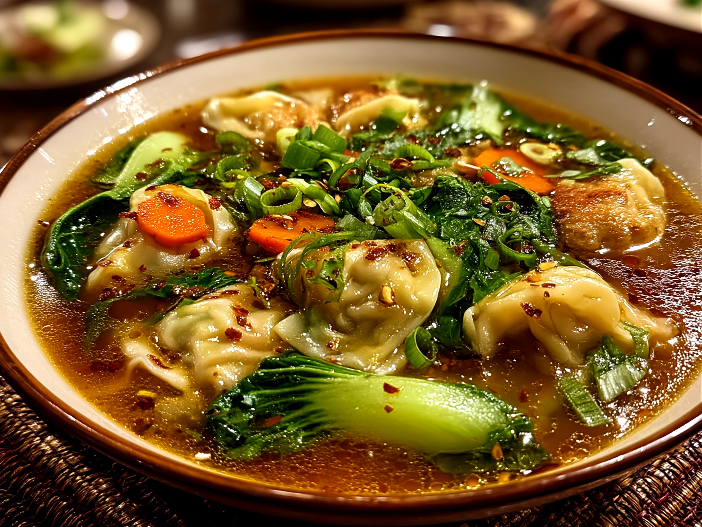 Serving of Asian Wonton Soup with Fragrant Broth and Fresh Vegetables