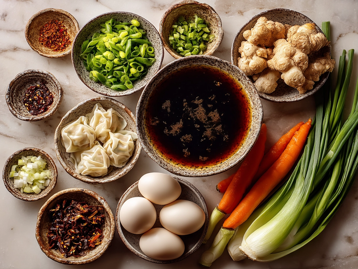 Ingredients for Asian Wonton Soup with Fragrant Broth and Fresh Vegetables