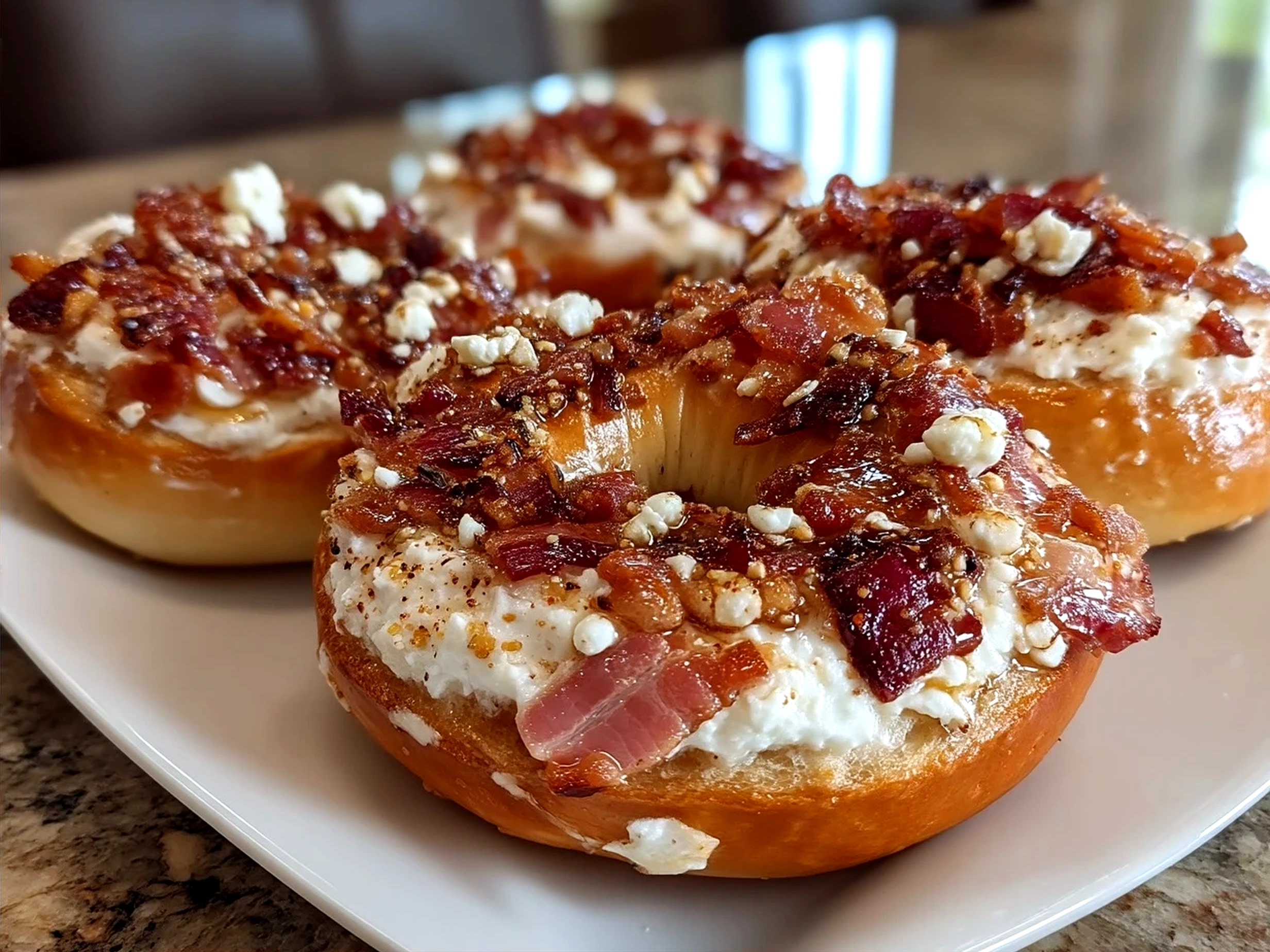 Freshly assembled Bacon Cream Cheese Bagels served and ready to eat
