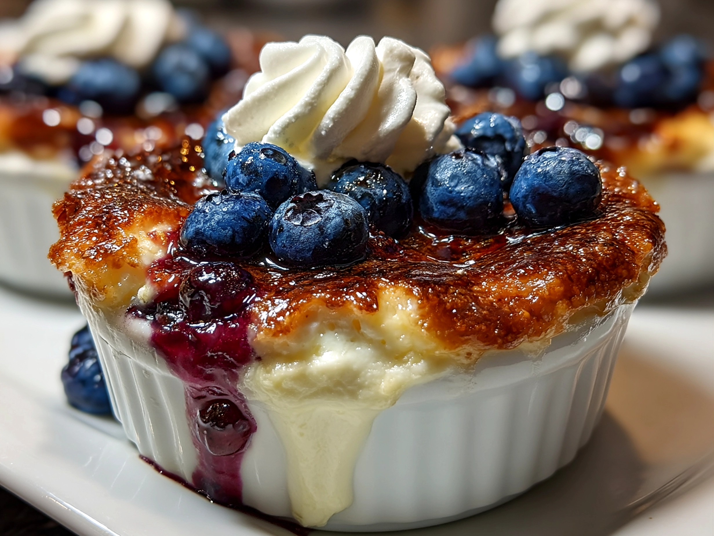 A warm serving of baked blueberry cottage cheese bowls ready to eat