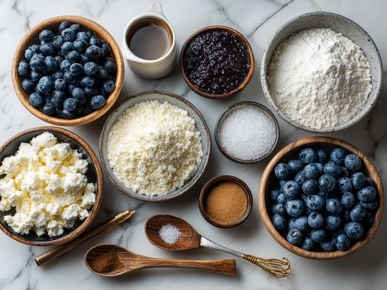Ingredients for baked blueberry cottage cheese bowls laid out neatly