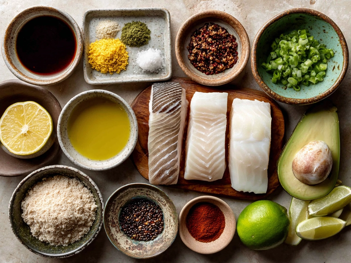 Ingredients for baked fish tacos including white fish fillets, olive oil, spices, tortillas, cabbage, cilantro, Greek yogurt, lime, and avocado