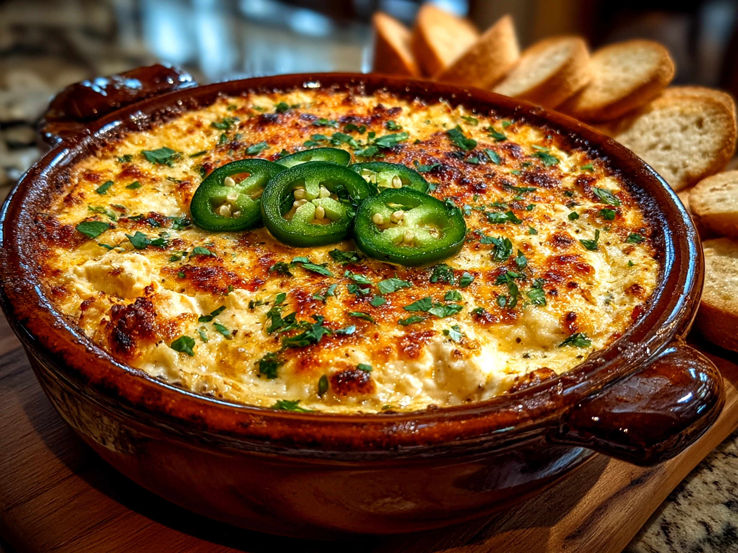 Serving bowl of warm Baked Jalapeno Chicken Dip with dipping crackers and fresh green onions