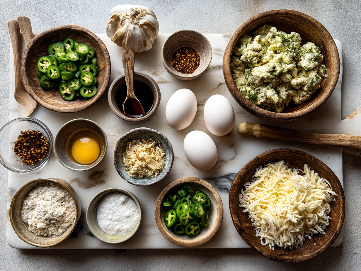 Ingredients needed for Baked Jalapeno Chicken Dip including cooked chicken, cheeses, jalapenos, and cream cheese